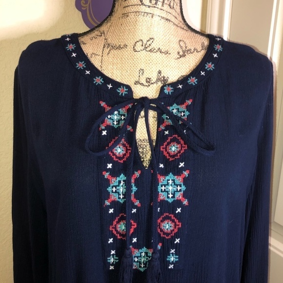 Daniel Rainn Embroidered Aztec Style Navy Blue Long Sleeve Blouse Size S - Picture 8 of 8